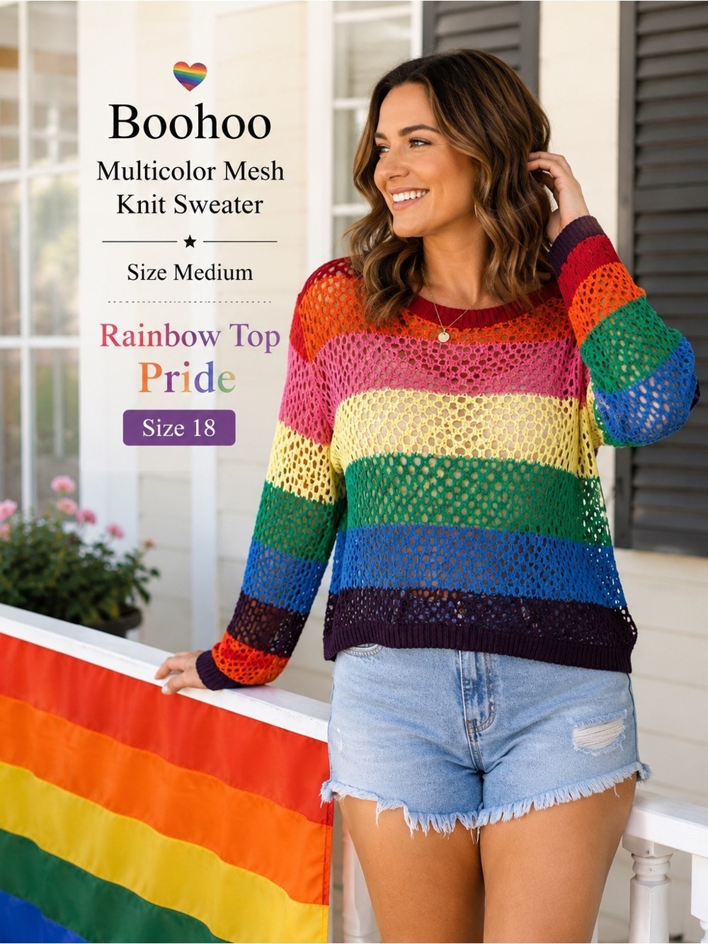 Boohoo Multicolor Mesh Knit Sweater size medium,rainbow top pride size M